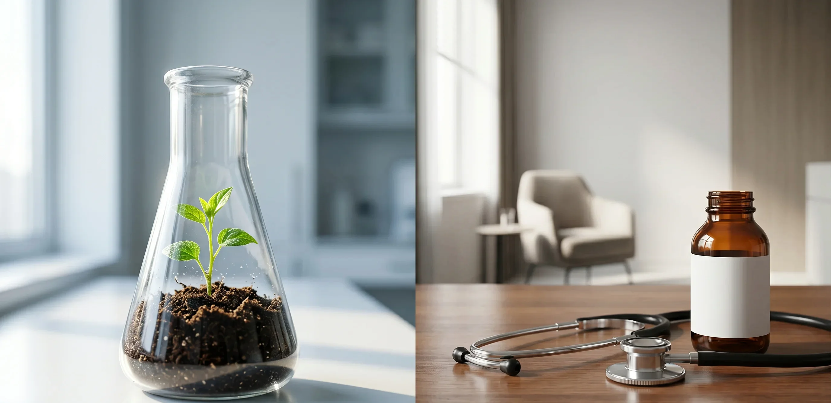 Planta em frasco de laboratório e estetoscópio — início do tratamento com cetamina